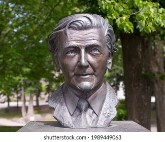 Quebec City, Quebec, Canada, June 11, 2021- Bronze Bust Of Famous Politician And Psychiatrist Dr Camille Laurin, Father Of Bill 101, In Front Of The Parliament On Grande-Allée Street 