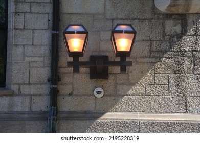 Quebec City Canada June 15 2022 Lamp Post Or Wall Lantern Mounted On Stone Building