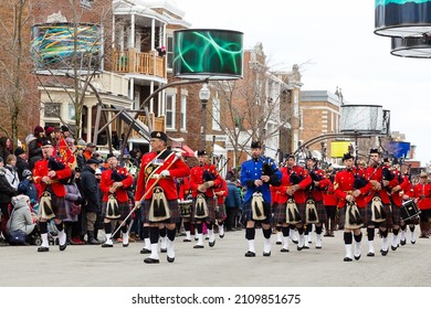 Quebec City, Quebec, Canada, March 23, 2019- Selective focus view of the Royal Canadian Mounted Police’s pipe and drums officers performing and parading during the annual downtown St. Patrick parade