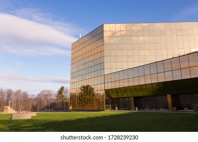 Quebec City, Quebec, Canada, May 11, 2020 - A Wing Of The Quebec Government Income Tax Head Office Marly Building Seen In The Morning Golden Light  