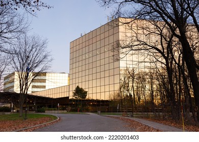 Quebec City, Quebec, Canada, October 30, 2022 - The Entrance To The 1976 Quebec Government Marly Building Seen In The Morning Golden Light  