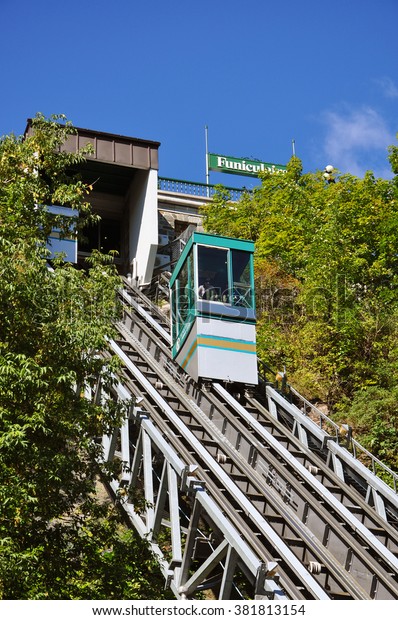 QUEBEC\
CITY, CANADA - SEP 10, 2011: The Old Quebec Funicular links Upper\
Town to Lower Town is a funicular railway in Old Quebec, Canada.\
Old Quebec City is UNESCO World Heritage Site.\
