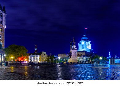 Quebec City, Canada - September 26, 2018: Night View Of The Armes Square (Place DArmes), In Quebec City, Quebec, Canada