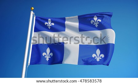 Quebec flag waving against clean blue sky, close up, isolated with clipping path mask alpha channel transparency