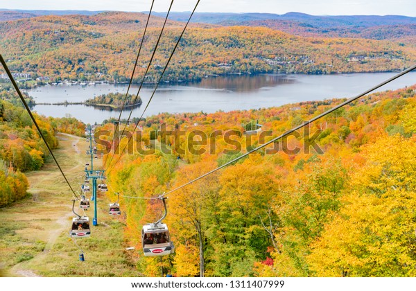 Quebec,\
OCT 4: Aerial view of Mont-Tremblant National Park with cable car\
in fall color on OCT 4, 2018 at Quebec,\
Canada