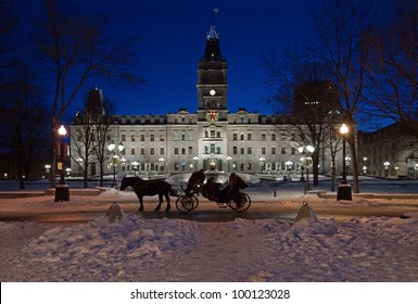 Quebec Parliament Building In Winter Night Time