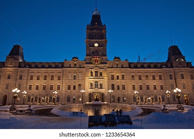 Quebec Parliament Building In Winter Night Time