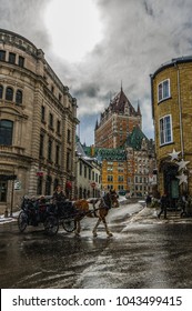 Quebec, Quebec/Canada - 03-09-2018 : Beautiful Winter Day Downtown Quebec City With Tourist And View Of Château Frontenac