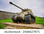 Quebec,Canada,September 2,2023-Historic World War II Sherman Battle tank preserved on the grounds of the The Citadel, home of the Royal 22nd Regiment, Canadian armed forces in Quebec city,Canada