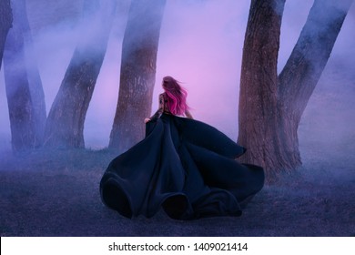 The queen in black dress, runs away in the fog. The skirt train is waving in the wind like a black flower. Pink long hair fly. A vampire is hunting at dusk. Art photo from the back, without a face