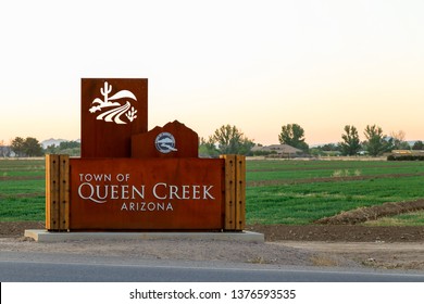 QUEEN CREEK, ARIZONA - April 21, 2019: Town of Queen Creek, Arizona sign located near the intersection of West Combs road and North Gantzel road in Queen Creek, Arizona.