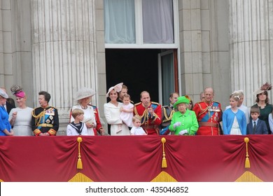 Queen Elizabeth 90th Birthday, Buckingham Palace, London: June 11 2016-  Trooping The Color Ceremony, Princess Charlotte 1st Time On Balcony, Prince George, Willam, Harry Also: 