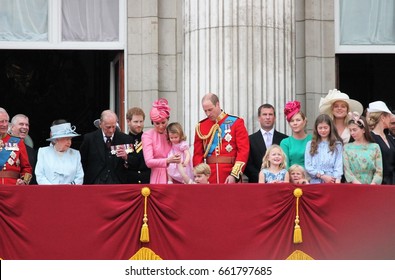 Queen Elizabeth Buckingham Palace, London June 17 2017- Trooping The Colour Prince Philip George, William, Harry Kate Non Balcony For Queen Elizabeth Birthday- Stock Photo, Stock Photograph, Image