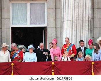 Queen Elizabeth Ii Prince Philip & Royal Family, Buckingham Palace, London June 17 2017- Trooping The Colour Prince George, William, Harry On Balcony For Queen Elizabeth's Birthday- Stock Photo Image