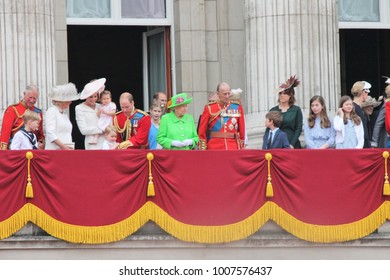 Queen Elizabeth, London June 11 2016- Trooping The Colour Princess Charlottes 1st Time On Balcony, Prince William George Prince Philip , Stock Photo, Stock, Photograph, Image, Picture 