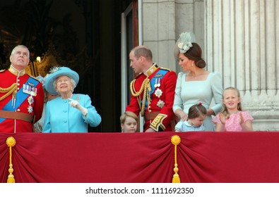 Queen Elizabeth, London, Uk, 9 June 2018- Prince George William Andrew Kate Middleton And Princess Charlotte Trooping The Colour Royal Family Buckingham Palace, Stock Photo Press Photograph Image