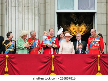 Queen Elizabeth, London, UK -June 13 2015: Royal Family Trooping The Colour, Prince Charles Philip Harry & William George Balcony Queen Elizabeth 90th Birthday - Stock Photo Press Photograph, Image