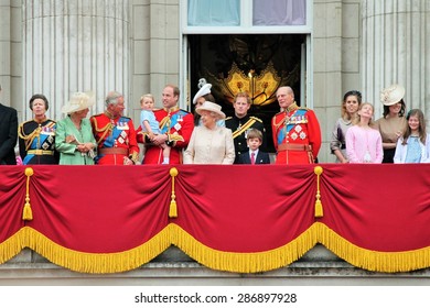 QUEEN ELIZABETH, LONDON, UK - JUNE 13 2015: Royal Family Prince Philip, Charles, Harry, William, George Kate Middleton Buckingham Palace  Trooping The Colour- Stock Photo Photograph Image Press 