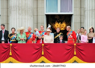 QUEEN ELIZABETH, LONDON, UK - JUNE 13 2015: Royal Family Buckingham Palace Balcony Trooping The Colour  Prince Harry Philip Charles William George -stock Photo Stock Photograph Editorial Image Picture