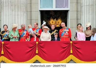 Queen Elizabeth, LONDON, UK - JUNE 13 2015: Royal Family- Prince William Philip Harry Charles  Buckingham Palace Balcony Trooping The Colour - Stock Photo, Stock Photograph, Image, Picture, Editorial