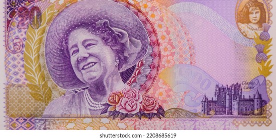 Queen Elizabeth The Queen Mother At Left And As Child At Top Right, Glamis Castle At Bottom Right, Portrait From Scotland 20 Pounds 2000 Banknotes. 