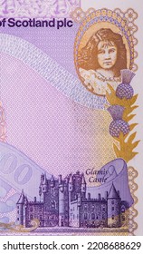 Queen Elizabeth The Queen Mother At Left And As Child At Top Right. Glamis Castle At Bottom Right, Portrait From Scotland 20 Pounds 2000 Banknotes.