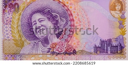 Queen Elizabeth the Queen Mother at left and as child at top right, Glamis Castle at bottom right, Portrait from Scotland 20 Pounds 2000 Banknotes. 