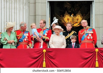 Queen Elizabeth Prince Harry, William, Philip, Royal Family, Buckingham Palace London June 13 2015: Trooping The Colour, Prince Philip Georges Kate Balcony Palace Queen Birthday 