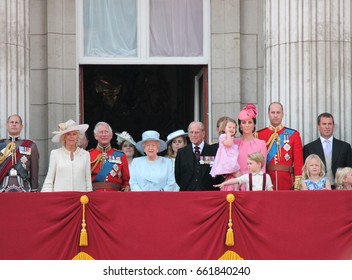 Queen Elizabeth & Prince Philip, Buckingham Palace London June 17 2017- Trooping The Colour Prince George, William & Charlotte On Balcony Queen Elizabeth's Birthday Stock Photo  Photograph Image Press