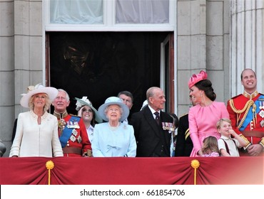 Queen Elizabeth & Prince Philip, Buckingham Palace, London June 17 2017- Trooping The Colour Prince George William Kate & Charlotte Balcony For Queen Elizabeth's Birthday Stock, Photo, Photograph, 