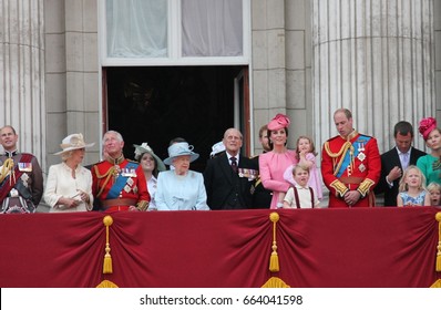 Queen Elizabeth & Prince Philip, Buckingham Palace, London June 17 2017- Trooping The Colour Prince George, William, Harry Charles  On Balcony For Queen Elizabeth's Birthday, Stock Photo Image Picture