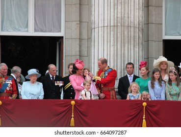 Queen Elizabeth & Prince Philip, Buckingham Palace, London June 2017- Trooping The Colour Prince George, William, Harry On Balcony Queen Elizabeth's Birthday Stock Photo Stock, Photograph Image Press