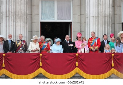 Queen Elizabeth & Prince Philip, Buckingham Palace, London June 17 2017- Trooping The Colour Prince George, William, Harry On Balcony For Queen Elizabeth's Birthday, Stock Photo Photograph Image