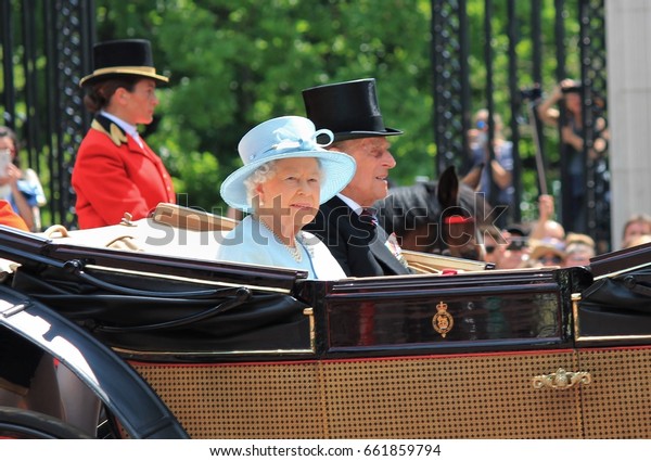 Queen Elizabeth and Prince philip, Buckingham Palace,
London Uk -June 2017: Trooping the Colour Queen Elizabeth and
Prince Philip parade Queen Elizabeth Birthday UK - stock photo
photograph image 
