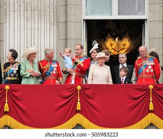 Queen Elizabeth & Prince Philip, London UK - June 13 2015: Prince George Balcony Prince Charles Philip Prince Harry & William Trooping The Colour Buckingham Palace Stock Photo Photograph Press