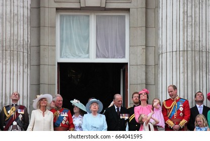 Queen Elizabeth & Prince Philip, London June 17 2017- Trooping The Colour Prince George, William, Harry On Balcony For Queen Elizabeth Birthday Buckingham Palace- Stock Photo, Press Photograph, Image