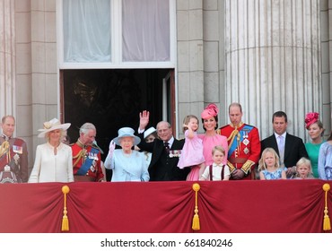 Queen Elizabeth Prince Philip, Princess Charlotte Buckingham Palace, London June 17 2017- Trooping The Colour Prince George, William On Balcony Queen Elizabeth's Birthday Stock Photo Photograph Press