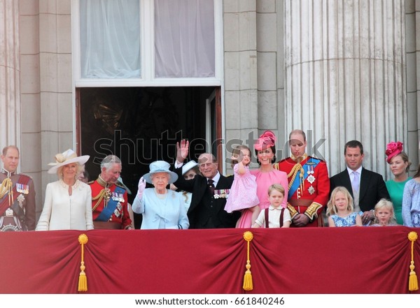 Queen Elizabeth Prince Philip, princess charlotte\
Buckingham Palace, London June 17 2017- Trooping the Colour Prince\
George, William on Balcony Queen Elizabeth\'s Birthday stock photo\
photograph press
