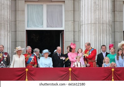 Queen Elizabeth Prince Philip & Royal Family, Buckingham Palace, London June 17 2017- Trooping The Colour Prince Charles George, William, Harry On Balcony Stock Photo Stock, Photograph, Image, Picture