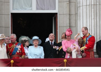 Queen Elizabeth Prince Philip & Royal Family  London June 17 2017- Trooping The Colour Prince George William Harry Kate & Charlotte Balcony Stock Photo Photograph, Image Picture Press Picture