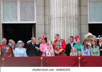 Queen Elizabeth Prince Philip & Royal Family, Buckingham Palace, London June 2017- Trooping The Colour Prince George, William, Harry On Balcony For Queen Elizabeth's Birthday Stock Photo Press Image 