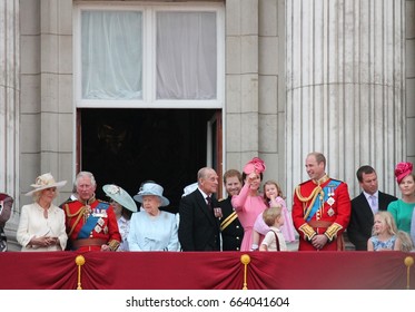 Queen Elizabeth Prince Philip & Royal Family, Buckingham Palace, London June 17 2017- Trooping The Colour Prince George, William, Harry Balcony For Queen Elizabeth's Birthday, Stock Photo  Photograph,