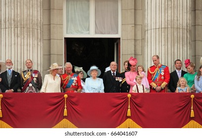 Queen Elizabeth Prince Philip  Royal Family, Buckingham Palace, London June 17 2017- Trooping The Colour Prince George, William, Harry On Balcony Stock Photo, Stock, Photograph, Image, Picture 