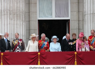 Queen Elizabeth & Royal Family, Buckingham Palace, London June 2017- Trooping The Colour Prince George, William, Harry On Balcony For Queen Elizabeth's Birthday, Stock Photo, Stock, Photograph, Image,