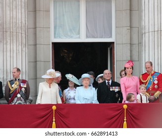 Queen Elizabeth & Royal Family, Buckingham Palace, London June 17 2017- Trooping The Colour Prince George, William, Harry Philip Kate Balcony Queen Elizabeth Birthday - Stock Photo, Image Photograph, 