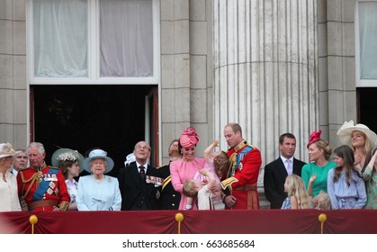 Queen Elizabeth & Royal Family, Buckingham Palace, London June 17 2017- Trooping The Colour Prince George, William, Harry On Balcony For Queen Elizabeth's Birthday, Stock Photo, Stock, Photograph, 