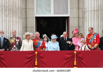 Queen Elizabeth & Royal Family, Buckingham Palace, London June 2017- Trooping The Colour Prince George, William  On Balcony For Queen Elizabeth's Birthday - Stock Photo, Stock Photograph, Image, 