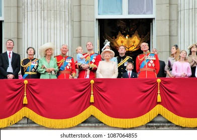 QUEEN ELIZABETH AND ROYAL FAMILY, LONDON, UK - JUNE 13 2015: Royal Family Appears On Buckingham Palace Balcony During Trooping The Colour Prince Harry Prince Philip William Charles George Stock Photo 