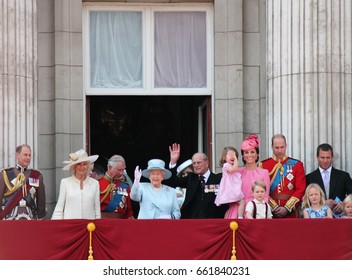 Queen Elizabeth & Royal Family,  London June 17 2017- Trooping The Colour Prince George, William, Harry & Charlotte On Balcony Queen Elizabeth's Birthday Stock Photo, Press Photograph, Image, Picture