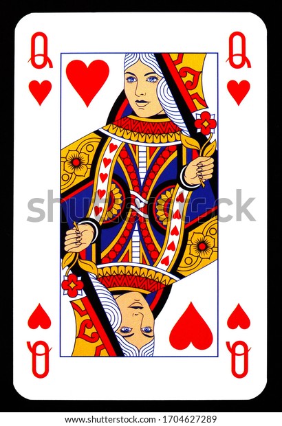 Queen of hearts\
playing card isolated on\
black.